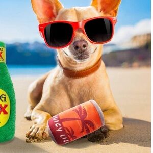 NEW Scirokko Plush Squeaky Beer Can Dog Puppy Play Toy Orange